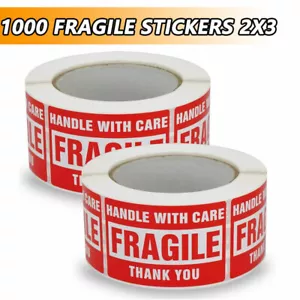 1000 Fragile Stickers 2x3 Handle With Care Thank You 500 / Roll Warning Labels - Picture 1 of 11
