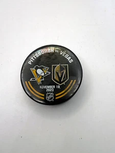 PITTSBURGH PENGUINS vs Vegas Golden Knights Game Warmup Used Puck COA 11-19-23 - Picture 1 of 3