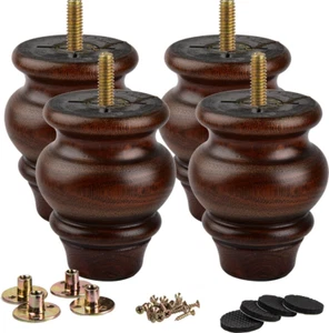 4 Inch / 9Cm Wooden Furniture Legs, 4PCS Glaze Soild Wood Spindle Bun Feet wit - Picture 1 of 12