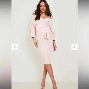 CORAL BLUSH MATERNITY OFF THE SHOULDER WRAP MIDI DRESS - Picture 1 of 3