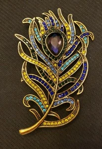 Peacock Feather Gold-tone Multicolor Rhinestone Crystal Brooch Pin M8 - Picture 1 of 4