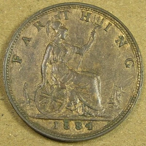1884 UK Great Britain Farthing Coin KM-753, 20 mm 2.5 gr, Combined Shipping - Picture 1 of 2