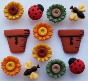 Dress It Up Craft Buttons BUGS & BLOOMS Flower Pot Ladybird Insect Sunflower - Picture 1 of 2