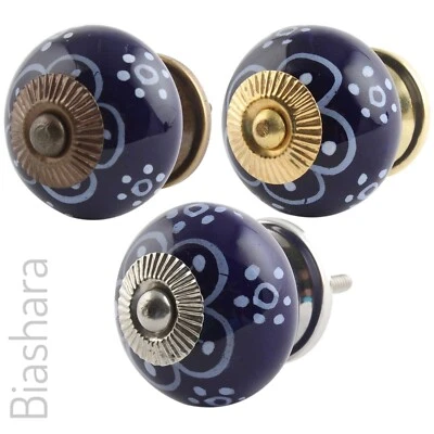Navy Blue CERAMIC DOOR KNOBS Vintage Daisy Cupboard Handles Cabinet Drawer  - Image 1 of 2