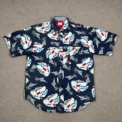 Buggle Boy Men's Shirt L Blue Button Up Short Sleeve Boat Graphic Vintage 90's - Image 1 of 4