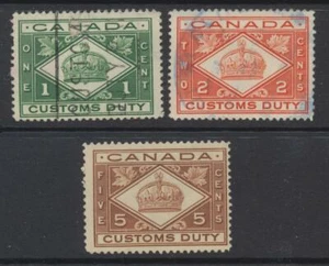 1912 Canada Revenue (3) Customs Duty 1c, 2c, 5c - Bild 1 von 3