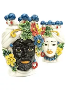 Coppia teste di moro h30 cm in ceramica di caltagirone sicilia fiori - Foto 1 di 4