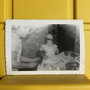 Girl Opening Presents Birthday Party 4 1/2 x 3 1/8 Photograph Vintage 1950s - Picture 1 of 2