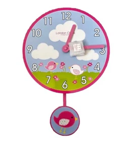 London Clock Company Children’s Pink Colour Pendulum Wall Clock - Picture 1 of 10