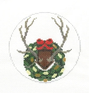 The Gingham Stitchery Elk Antlers with Wreath Handpainted Needlepoint Canvas - Picture 1 of 1