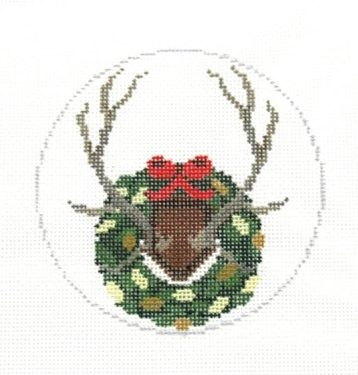 The Gingham Stitchery Elk Antlers with Wreath Handpainted Needlepoint Canvas - Image 1 of 1
