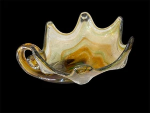 Vtg Mid Century Murano Style Swirl Snail Blown Glass MCM Bowl, Amber Green - Picture 1 of 11