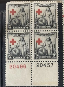 Scott 702, 2c Red Cross, Plate block/4, Bottom #s20496(R)/20457(B) MNH Free Ship - Picture 1 of 1