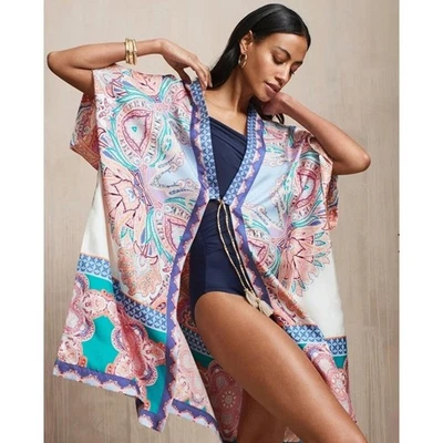 Kimono de Seda Chico's Estampado Paisley Corbata Frontal Ruana Encubrimiento Boho Chic Nuevo con Etiquetas S/M Foto 1 de 4