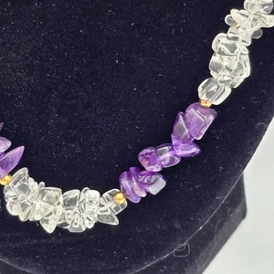 VTG Amethyst & Quartz Beaded Necklace 20" Polished Chips Gold-Plated Accents - Picture 1 of 10