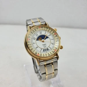 RARE VINTAGE TIMEX QUARTZ MOONPHASE CALENDAR GOLD/WHITE FACE MEN'S WATCH  - Picture 1 of 10