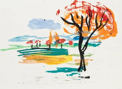 Bunte farbenfrohe Landschaft. Ungarn,  2008, Linolschnitt Unbekannt (20.Jhd) - Bild 1 von 4