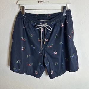 Kenny Flowers Navy Blue Patriotic Print Swim Trunks American Flag Beach Vacation - Picture 1 of 6