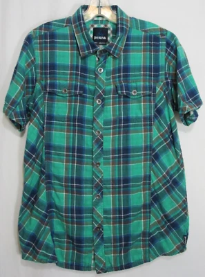 Prana Green Plaid Lined Slim Fit Short Sleeve Button Down Shirt Size M EUC - Image 1 of 4