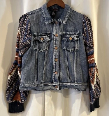Flying Tomato Boho Knit Sleeve Denim Jacket Size M - Image 1 of 4