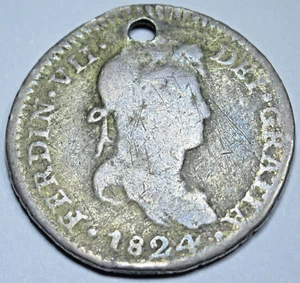 1824 T-Cuzco Peru Spanish Silver 1 Reales Rare Genuine Antique 1800's Holed Coin - Picture 1 of 2