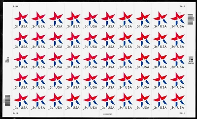 PATRIOTIC STAR US #3613 RED WHITE BLUE 2002 LOWER LEFT 3c SHEET OF 50 STAMPS - Image 1 of 2