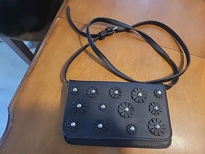 Catherine Malandrino Juliet Crossbody Purse Black Faux Leather Flowers Studs - Image 1 of 4