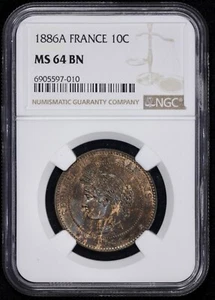 1886-A France 10 Centimes NGC MS 64 BN - Picture 1 of 4