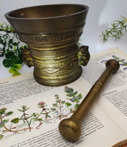 Mörser Pistill Stößel Aufschrift Latein Messing Apotheke Hexe Trank Deko Kräuter - Picture 1 of 10