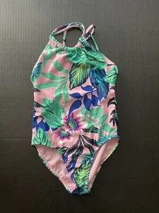 Girl’s GAP medium multi tropical swim suit One piece pink cross back  - Picture 1 of 8