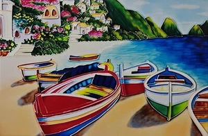 Wall Hanging Art Tile (19 x 29 cm) - Beachside Boats - Picture 1 of 1