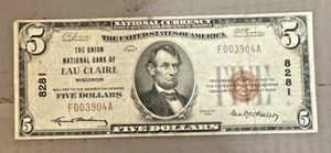 $5 1929 Eau Claire National Currency Bank Note F003904A VERY RARE!! - Picture 1 of 2