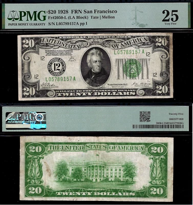 1928 $20 Federal Reserve Note PMG 25 - Gold on Demand - San Francisco Fr 2050-L - Image 1 of 3
