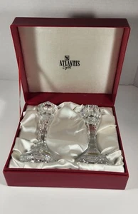 ATLANTIS CRYSTAL CANDLE HOLDER SET CLEAR GLASS TAPER MARKED PORTUGAL - Picture 1 of 14