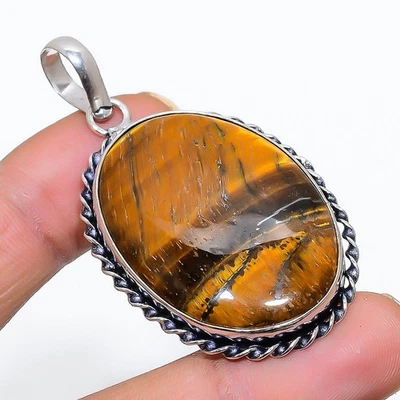 Occhio di Tigre Gemma Fatto a Mano 925 Argento Sterling Ciondolo Gioielli 5.8cm - Immagine 1 di 4