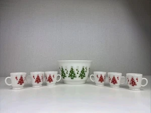 Hazel Atlas Milk Glass Green Red Christmas Tree Egg Nog Punch Bowl & 6 Cups EXC - Picture 1 of 23