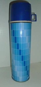 Vintage 1970s King-Seeley Thermos Co Ombra Blue Plaid  13” Metal Glass Thermos - Picture 1 of 16