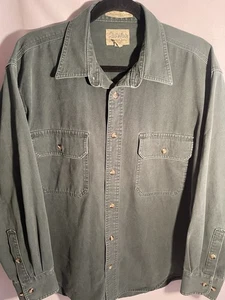 Cabelas Shirt Mens Medium Green Denim Trucker Button Up Long Sleeve Work Wear - Picture 1 of 14