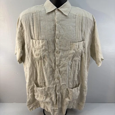 Camisa Cubavera Guayabera Para Hombre Mediana Beige 100% Lino Manga Corta Bolsillos Playa Foto 1 de 4