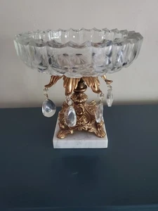 Vintage Cut Crystal Bowl Pedestal Ornate Brass Marble Bottom Prisms 7.5” Tall - Picture 1 of 15