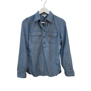 L.L. Bean Signature Women’s Size 0 Chambray Print Popover Top Faux Leather Trim - Picture 1 of 8