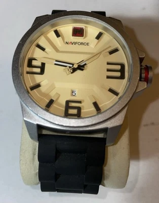 Naviforce NF9098M , Black silicone band, Beige textured dial, Date feature,Works - Image 1 of 4