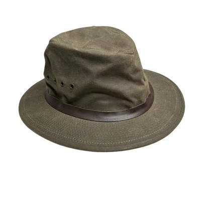 CC FILSON Verde Lona Encerada Tela de Estaño Empacadora Sombrero Cuero Borde Ala De Colección Foto 1 de 4