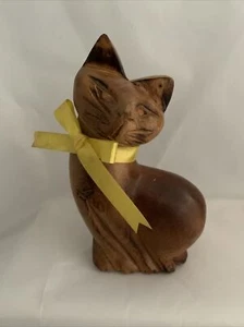 Scultura statuina gatto intagliato in legno gattino siamese vintage metà secolo 6" - Foto 1 di 8