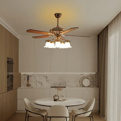 52" Gold LED Ceiling Fan Light 5 Blades Chandelier Fan Lamp Reversible w/Remote - Image 1 of 4