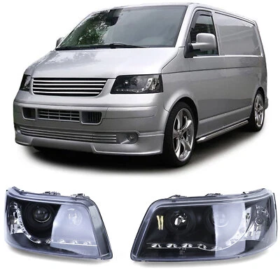 Faro Con Luce Diurna LED Nero + per VW Transporter Bus T5 2003-2009 - Immagine 1 di 4
