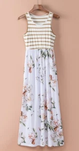 NEW White Tan Striped Women's Floral Print Maxi Dress, Small - Picture 1 of 9