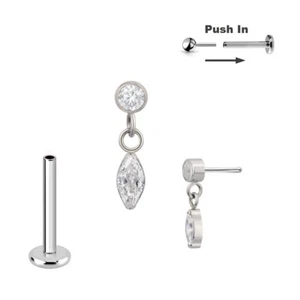 Titan Push in Pin Ovaler Kristall Anhänger Labret Ohr Helix Piercing Stecksystem - Bild 1 von 3