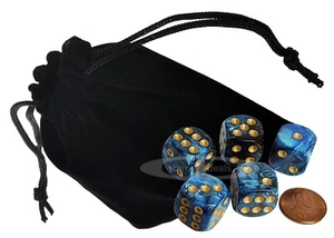 Set (5) 16mm 2-Color Pearlized Dice Blue Black w/Gold Pips + Storage Pouch New - Picture 1 of 4