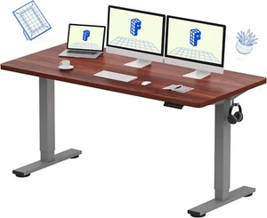 EN1 Adjustable Electric Desk – 60x24, Mahogany Top, Silver Frame - Picture 1 of 9